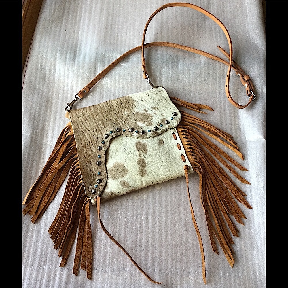Pony Calf Hair Leather Fringe Studs Crossbody Bag Shoulder Bag BOHO Cowgirl
